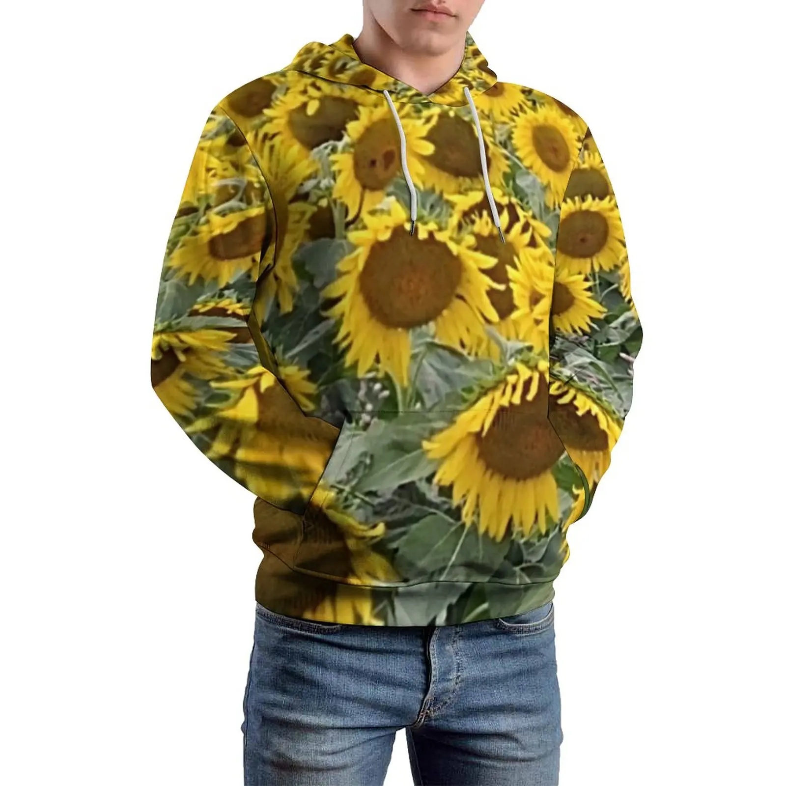 

Big Sunflower Field Hoodies Yellow Floral Print Polyester Outdoor Pullover Hoodie Long Length Nice Autumn Hoodie Plus Size