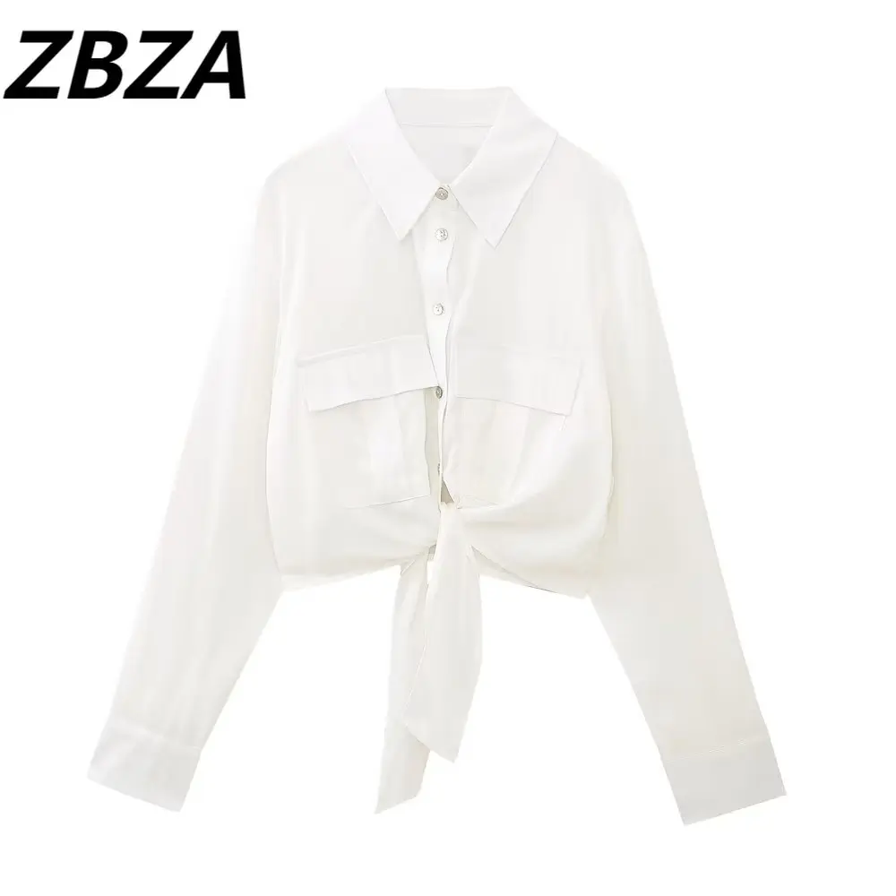 

Женские короткие блузки ZBZA с украшением в виде узлов, винтажные женские рубашки с длинным рукавом и пуговицами, шикарные топы, новинка 2023
