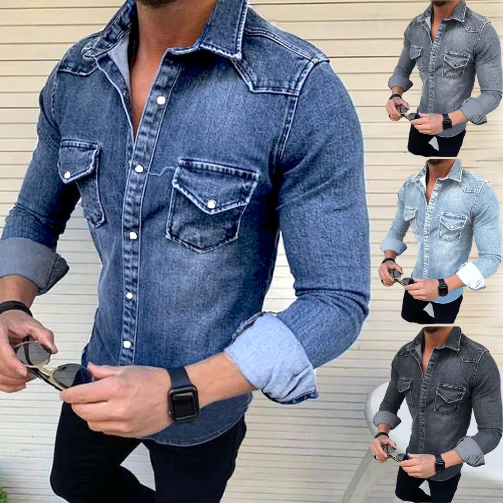 

2022 New Retro Simple Long Sleeve Denim Shirt Men's Fashion Shirt Spring and Autumn Single Breasted Cardigan Tops