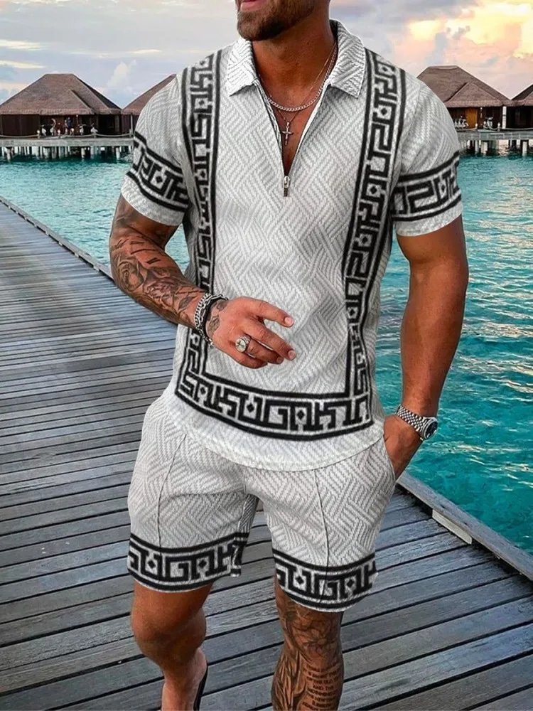 Summer Fashion Men's Polo Shirt Suit Lapel Printed Zipper T-shirt and Casual Shorts 2-Piece Set Casual Breathable Men's Clothin