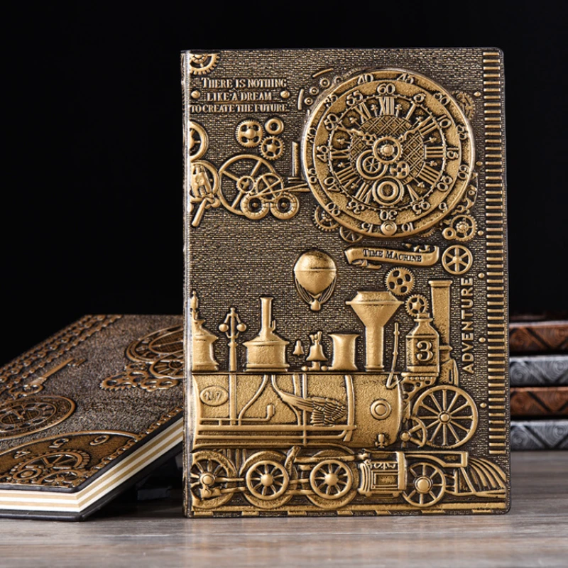 European Retro Thick Leather Engraving Embossed Notebook Handmade Hardcover PU Notepad A5 Bronze Silver Diary 21.5x14.5cm