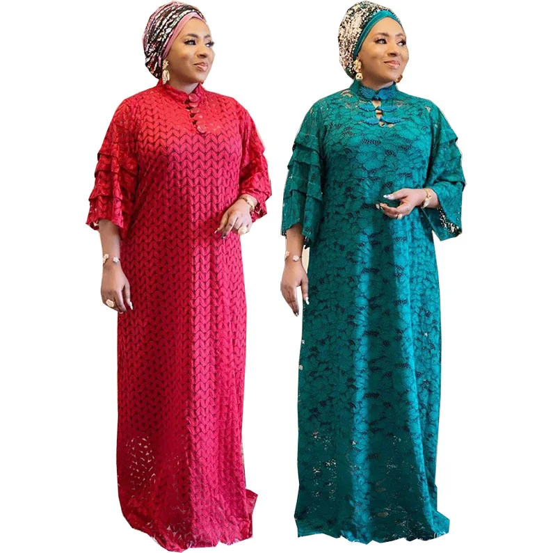 Plus Size Women's Dress Straight Lace Loose Long Dress Flare Sleeves Small Stand Neck Fashion Women's Wear With Hanging Straps
