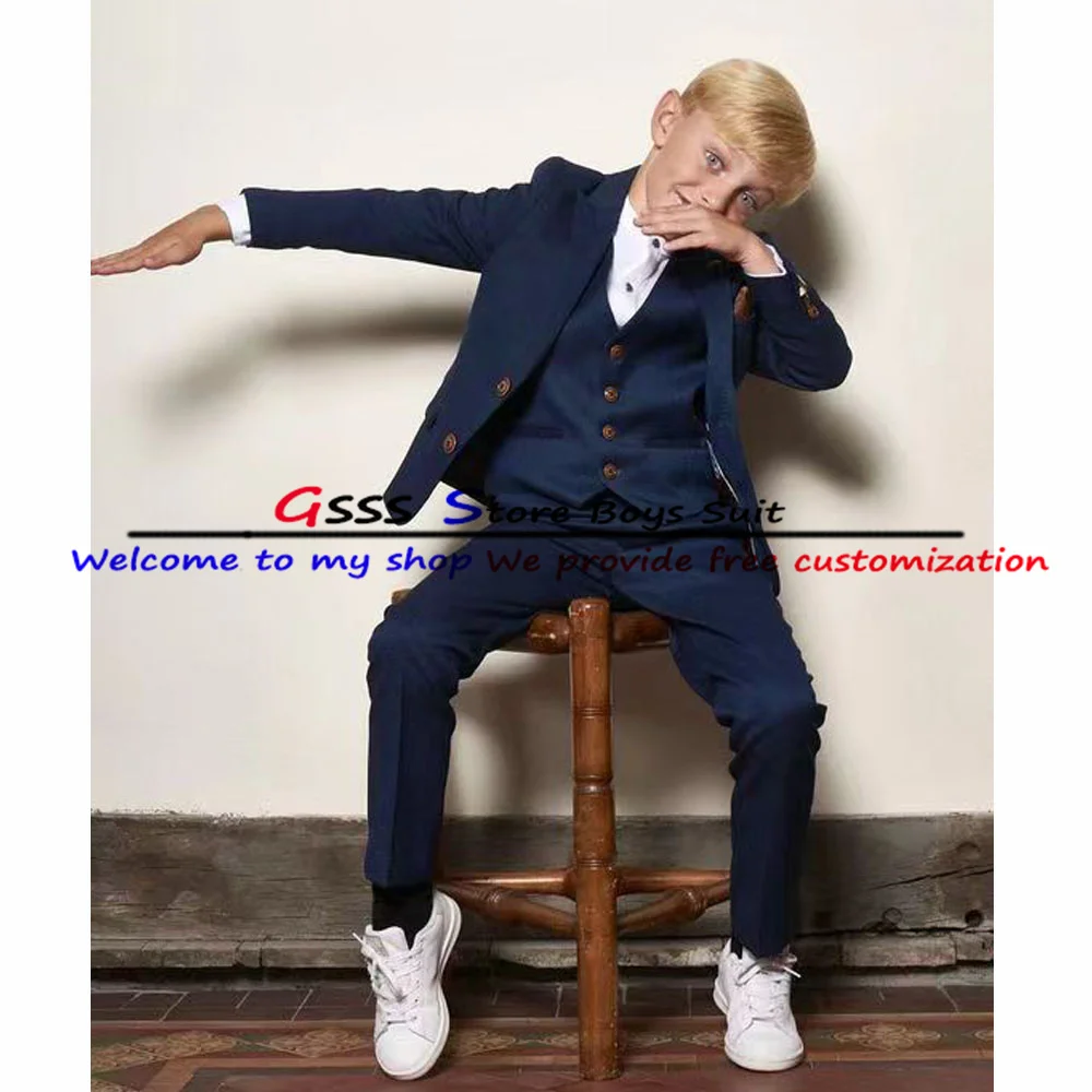 Navy Blue Boy Suit 3 Piece Slim Fit Blazer Pants Vest Wedding Tuxedo Child Jacket Set комплекты для маленьких мальчиков