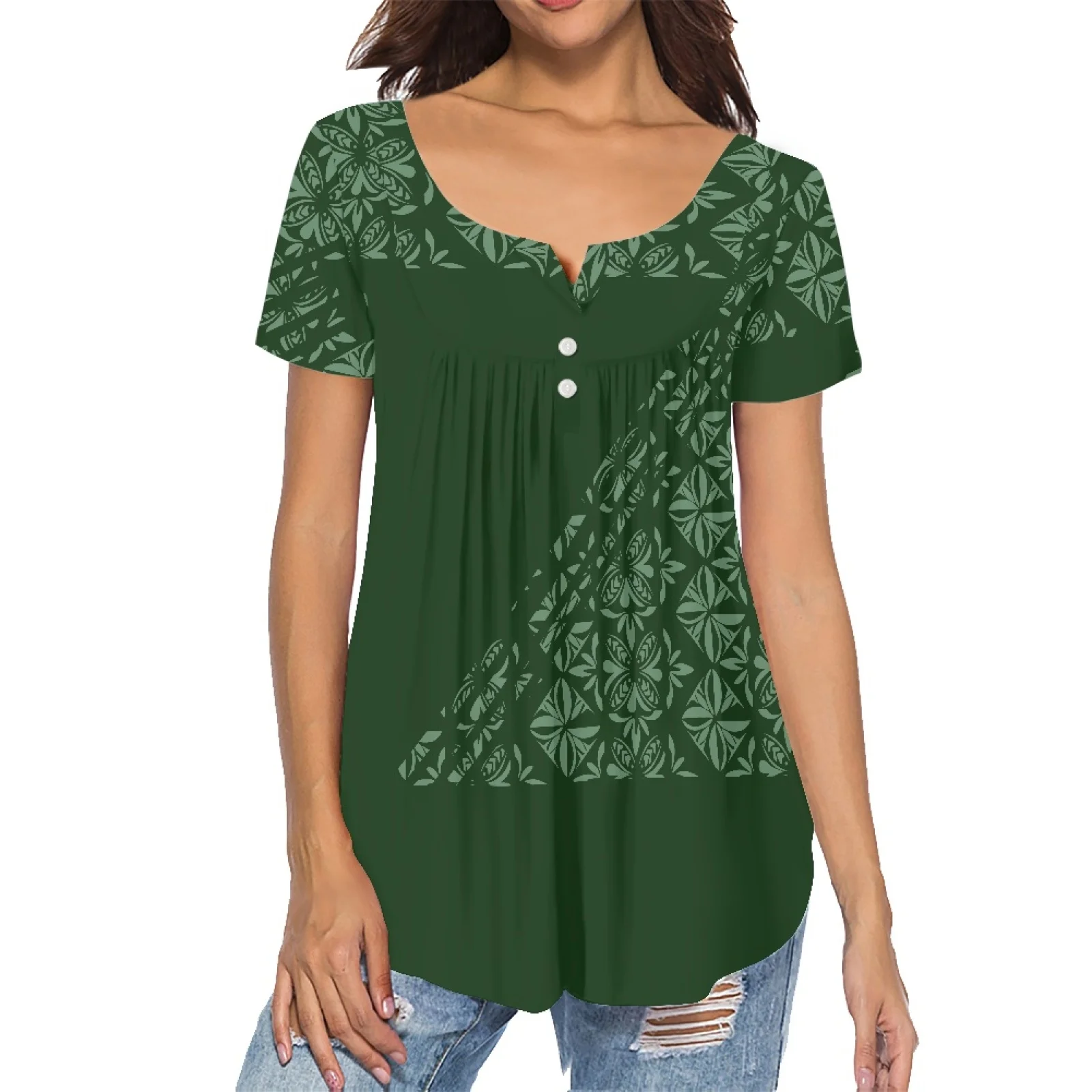 

Polynesian Tribal Summer Girl Trendy Shirt Island Wear Tattoo Print Luxury Ladies Sexy V-neck Top Ladies Pleated Buckle Shirt
