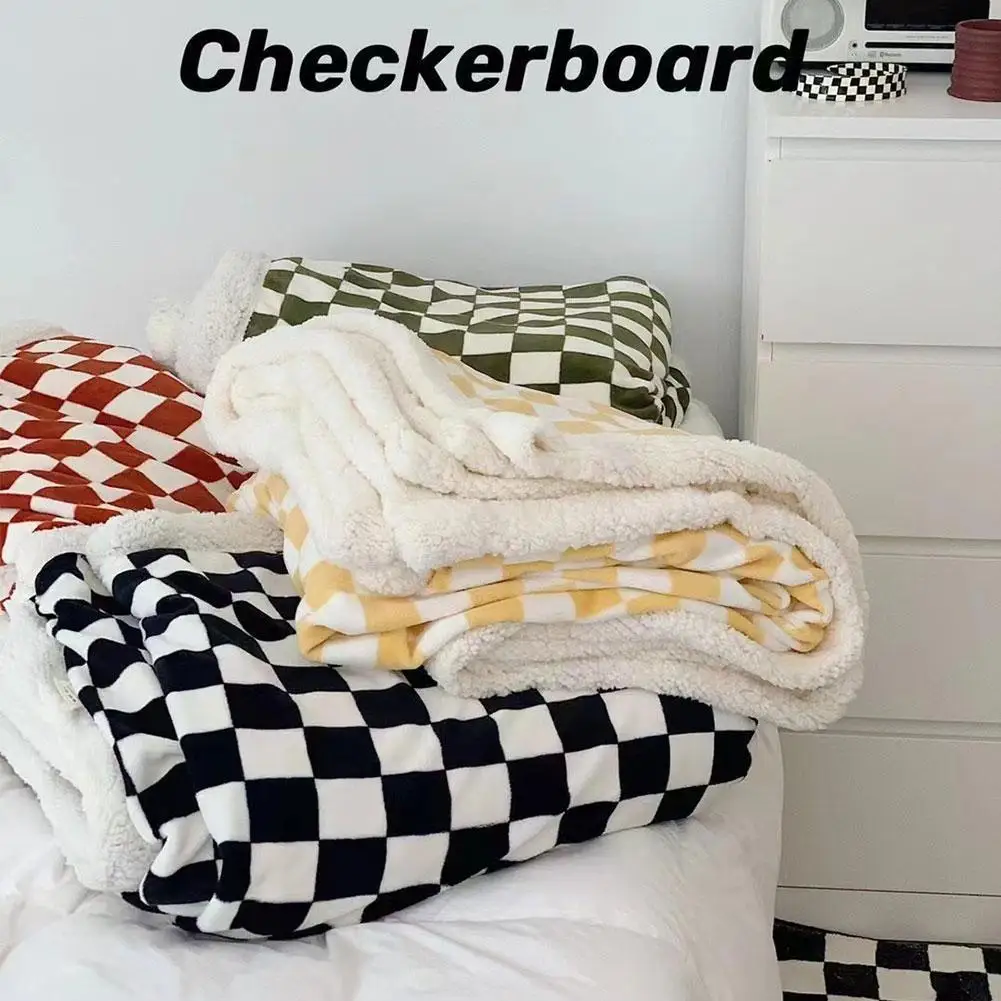 

Checkerboard Milk Velvet Blanket Plaid Throw Autumn Winter Thick Warm Shawl Sofa Bed Fuzzy Coral Flannel Office Travel Nap