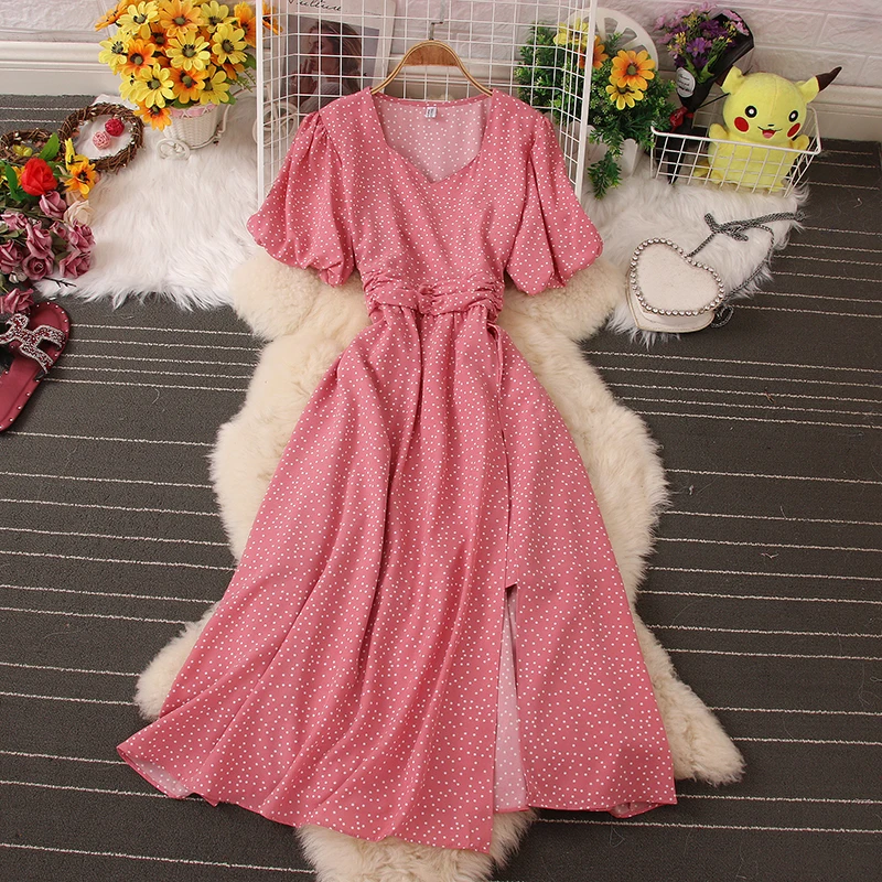 

Korean Fashion Elegant Polka Dot Dress for Women V Neck Slit High Waist Mid Calf Pleated Dresses Female Vestidos Dropshipping