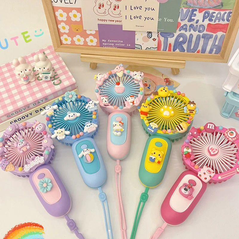

Sanrio Hellokitty Handheld Lanyard Fan Portable w USB Rechargeable Battery Makeup Beach Travel Accessories Fan Girls Women Gifts