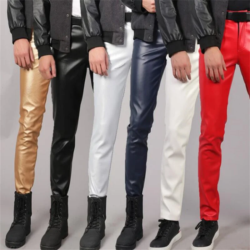 Spring Autumn Leather Pants Mens Feet Trousers Fashion Motorcycle Pu Personality Pantalon Homme Singer Stage