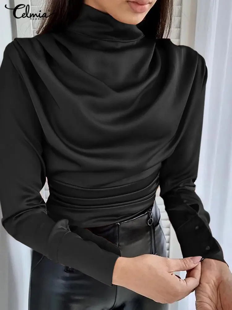 

Celmia Vintage High Collar Shirt Women Satin Silk Long Sleeves Blouse 2022 Spring Fashion Solid Pleated Tops Office Lady Chemise