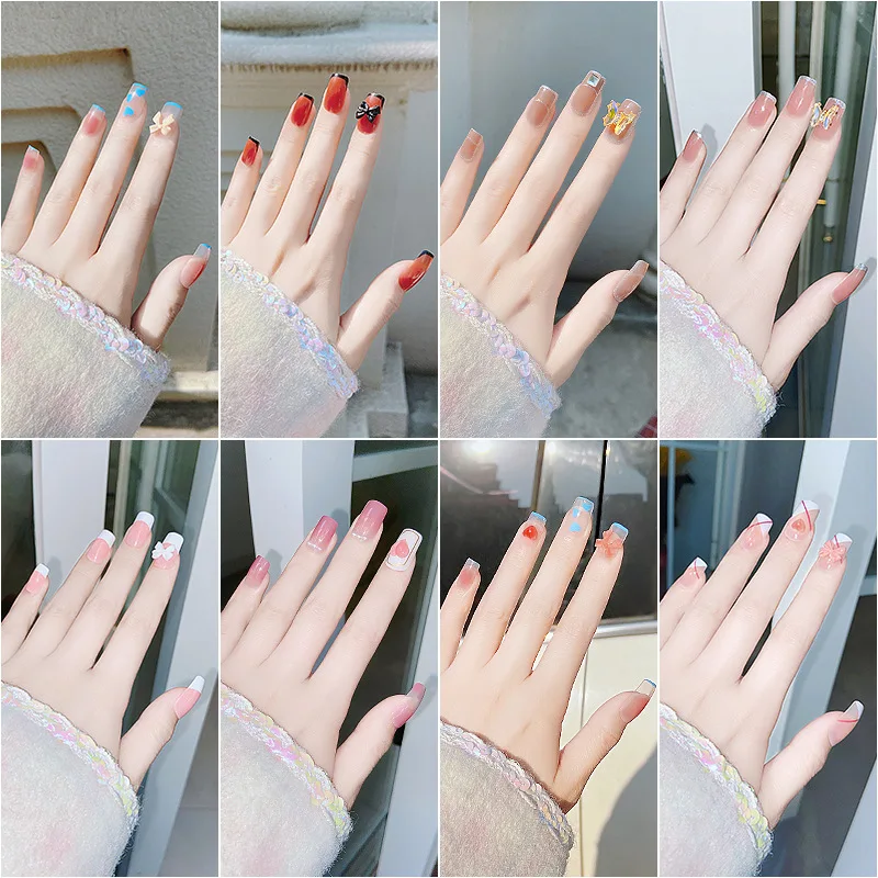 

24 Pieces/Set Short Fake Press Nail Tip Jelly Glue Design Removable Reusable Fake Nails with Drill Nail Art DIY Tips