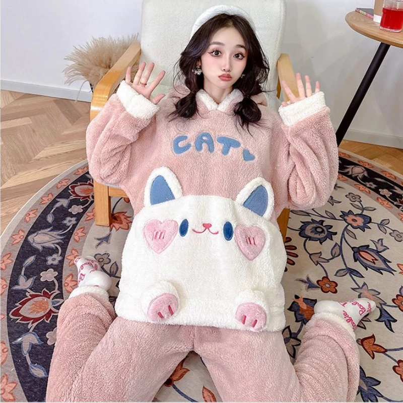 

Autumn Winter Cute Lolita Pajama Sets Women Sweet Cat Ear Hooded Tops and Pants Sleepwear Suit Kawaii Warm Coral Fleece Pyjamas