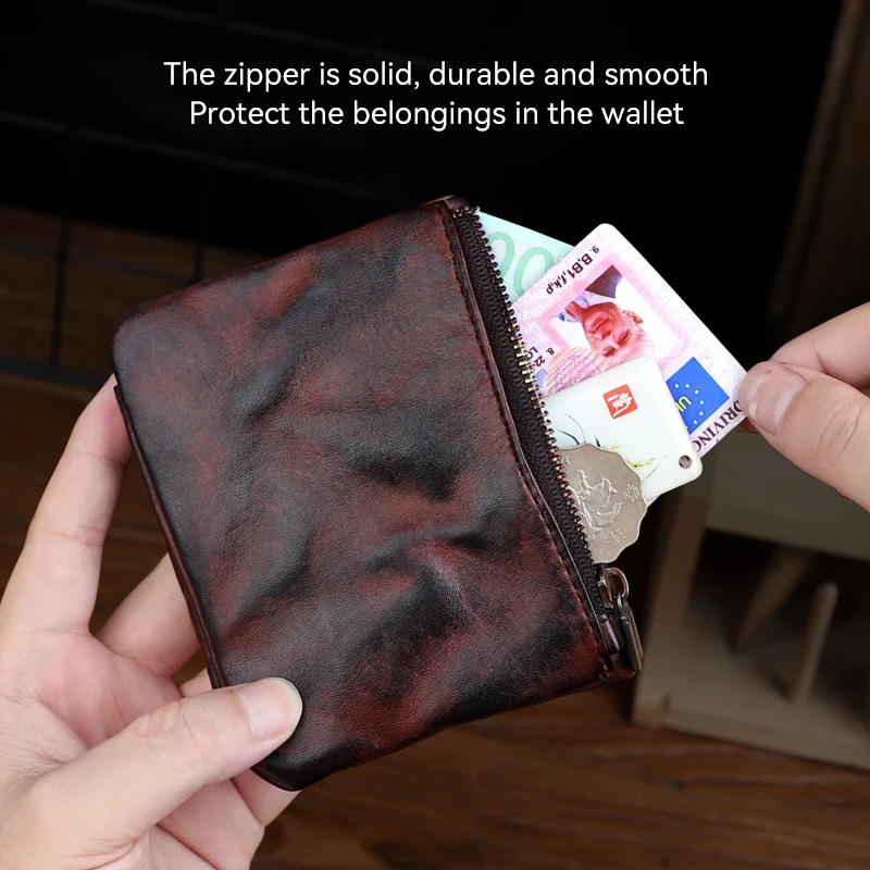 Vintage Men's Card Wallet Handmade Genuine Leather Card Slot With Zipper Coin Purse Short Wallet For Male Women's Money Bag