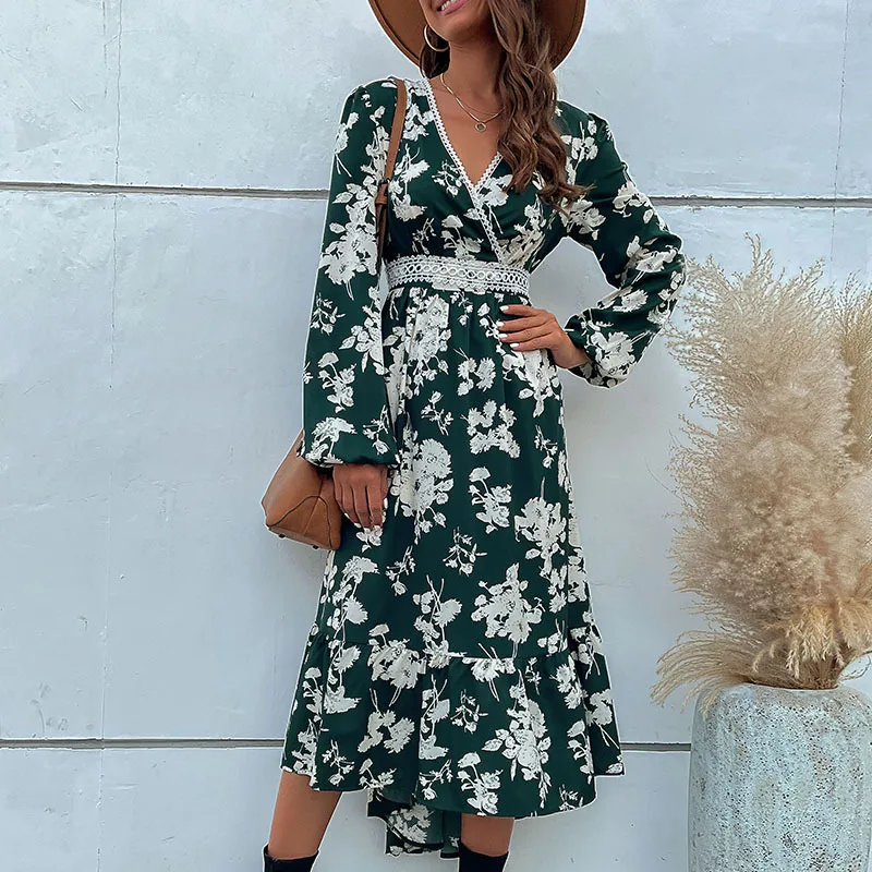 

2024 A Spring Fashion Elegant Casual Dress Woman Long Sleeve Loose Dress Woman Temperament Holiday Printed Lace Dresses