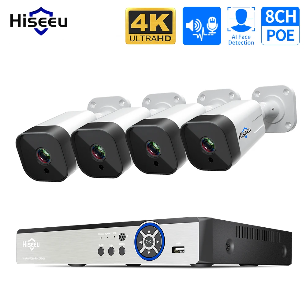 

Hiseeu 4K 8MP 8CH POE IP камера наблюдения система безопасности набор AI распознавание лица двухстороннее аудио Смарт CCTV Открытый HD NVR