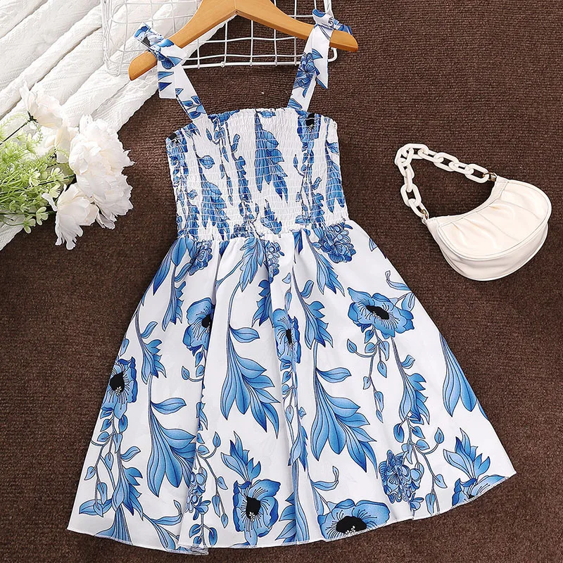 

Sprint Summer 2023 New Arrivals Girls Sleeveless Ruched Print Floral Blue Infantil Menina Cute Party Dress Custume 4-7T