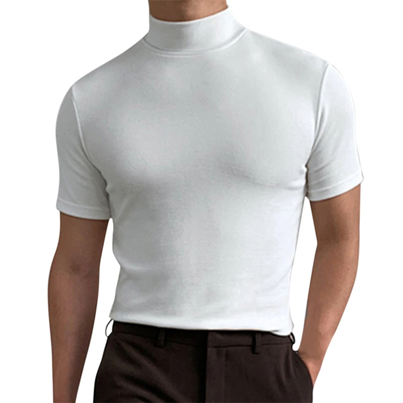

Fashion Men's Solid Color Turtleneck T-Shirt For Male Spring Summer Casual Short Sleeve Basic Bottoming Shirt For Men Slim Tops