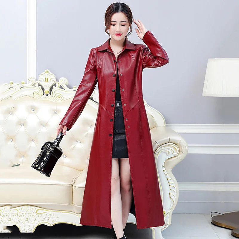 Size M-7XL New Women Leather Coat Spring Autumn 2022 Fashion Single Breasted Long Slim Leather Outerwear Female Long-sleeve Coat