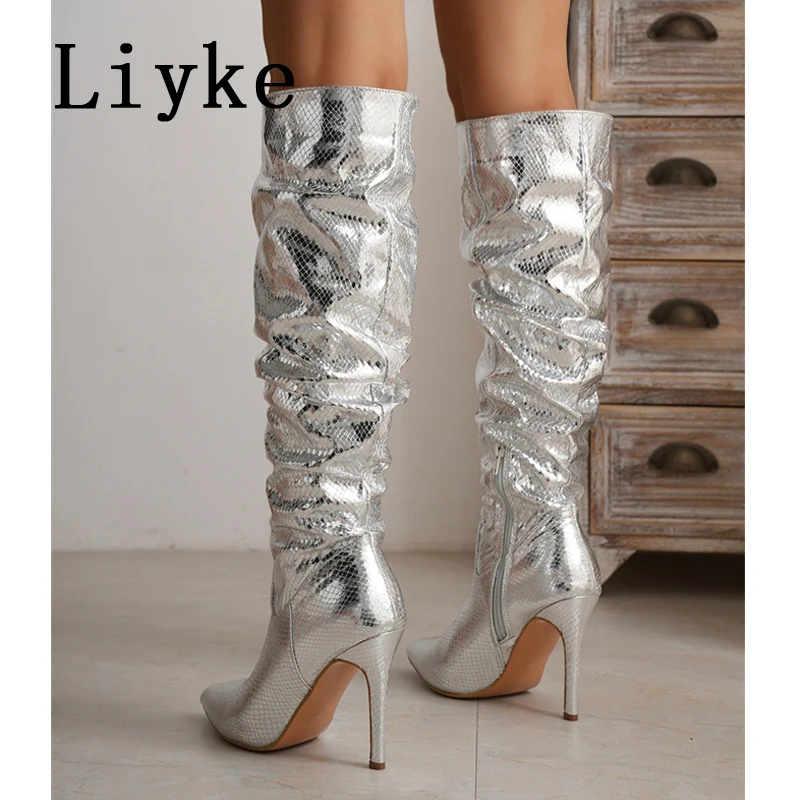 

Liyke Sexy Party Nightclub Stripper Knee High Boots Female Cozy Patent Leather Pointed Toe Heels Women Shoes Zip Booties Size 42