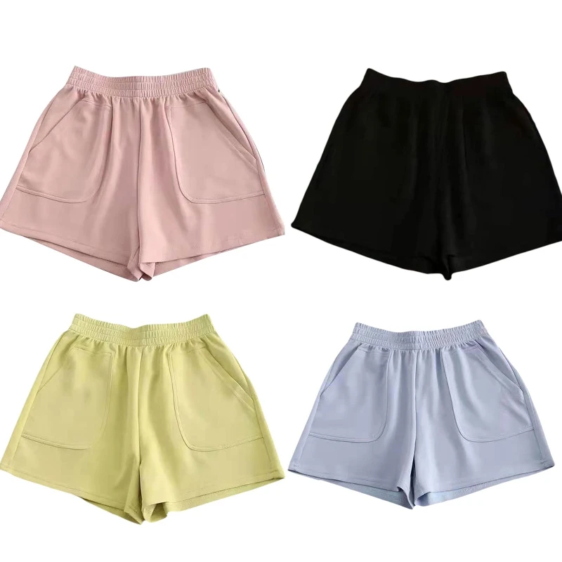 

Women Summer Elastic High Waist Sweat Shorts Solid Candy Color Wide Leg Casual Loose Sports Lounge Pants with Pockets