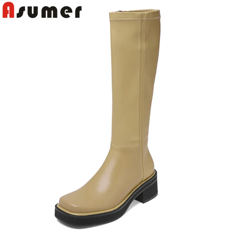 

Женские сапоги на молнии ASUMER, из натуральной кожи, однотонные сапоги до колена, на толстом среднем каблуке, Осень-зима 2023