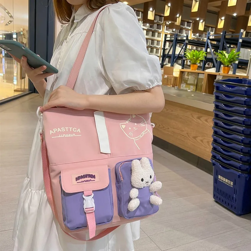 

Новинка 2022, милые женские сумки через плечо с кроликом для девочек-подростков, вместительная школьная сумка с милым кроликом для книг, ранец...