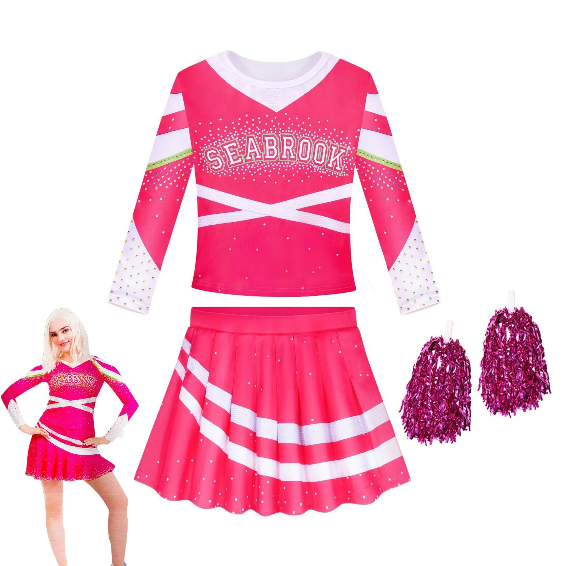 

Girls Zombies 3 Addison Cosplay Costumes Kids Clothes Tops and Skirt Hand Flowers 3pcs Cheer Leader Children Halloween Outfit
