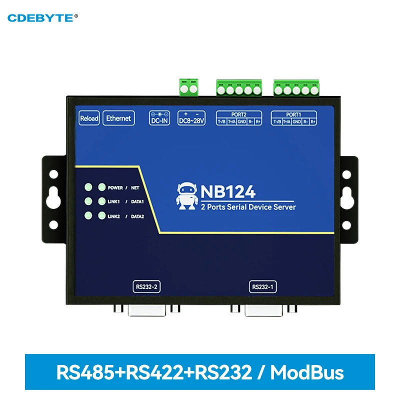 

2-Channel Serial Server RS232/422/485 RJ45 Modbus CDEBYTE NB124S TCP/UDP/MQTT 8-28V AT Command Build-in Watchdog