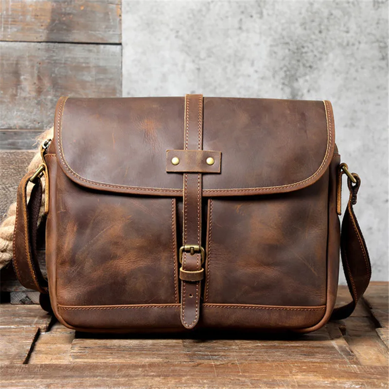 Vintage crazy horse cowhide men's messenger bag designer high-quality natural genuine leather designer daily work shoulder bag