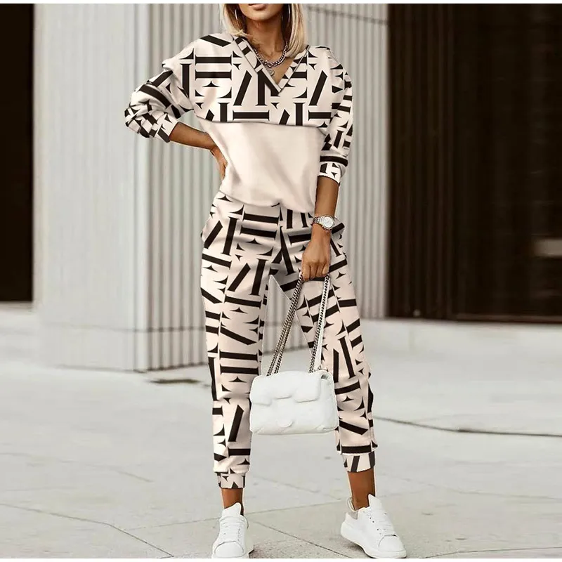 

Women Two Piece Sets Fashion Print Splicing Tracksuits Casual Long Sleeve V Neck Top Jogging Pant Suit 2022 Spring Autumn