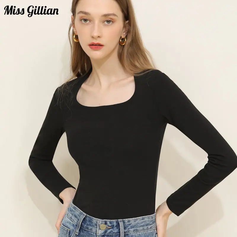 

Slim Top Long Sleeve Women Square Collar Solid Color 2023 Fashion Spring Autumn Brown T-shirts Female Clothes Basic Undershirts