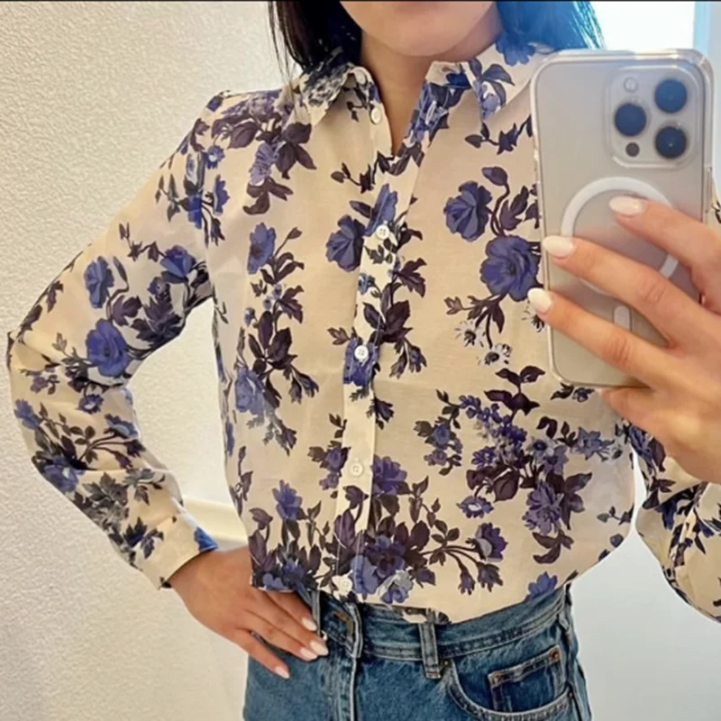 

Spring New Blue Printed Shirt Lapel Cotton Long-sleeved Top Women Floral Shirt