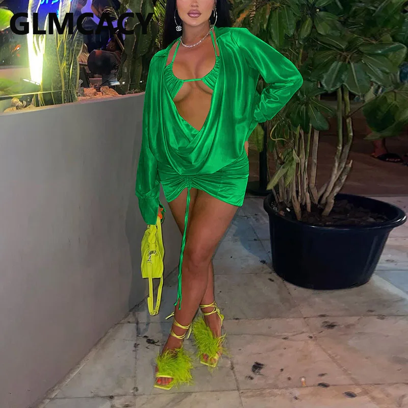 

Женские атласные костюмы из 3 предметов, рубашка с длинным рукавом и облегающая юбка с бюстгальтером