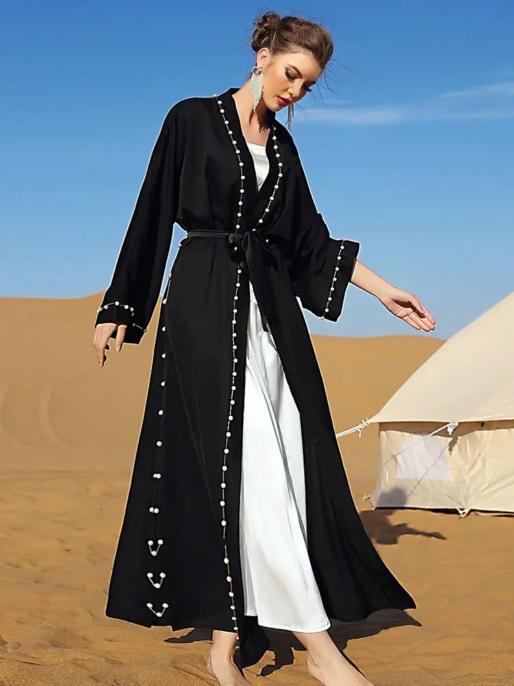 Рамадан ИД Мубарак, черное открытое кимоно, женское платье, мусульманское арабское платье
