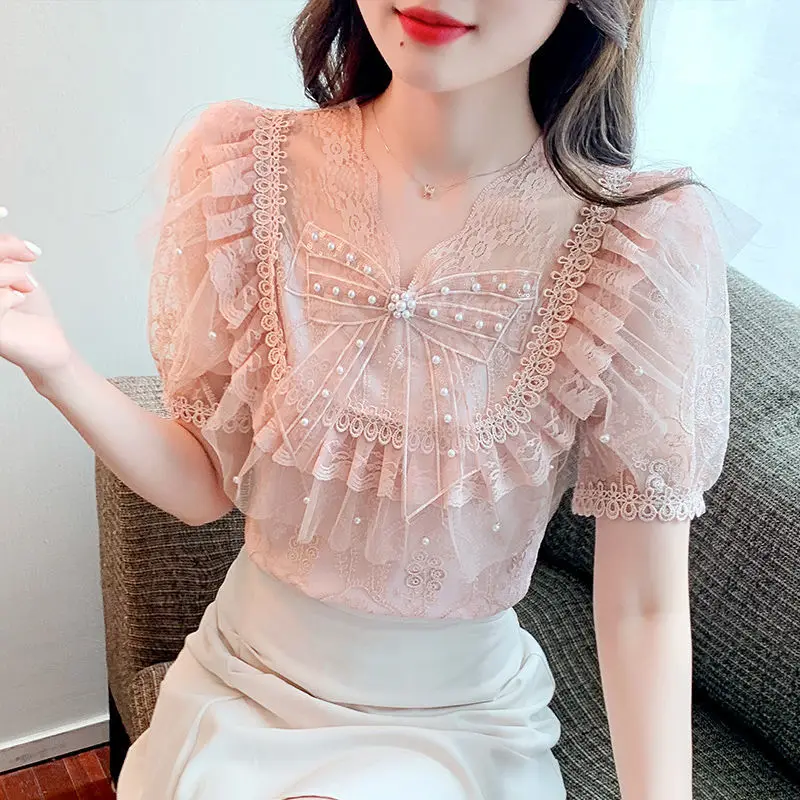 

Korean Fashion Summer Ruffle Blouse Women New 2022 Casual Loose Beading Lace Shirt Chic Hollow Tops Blusas