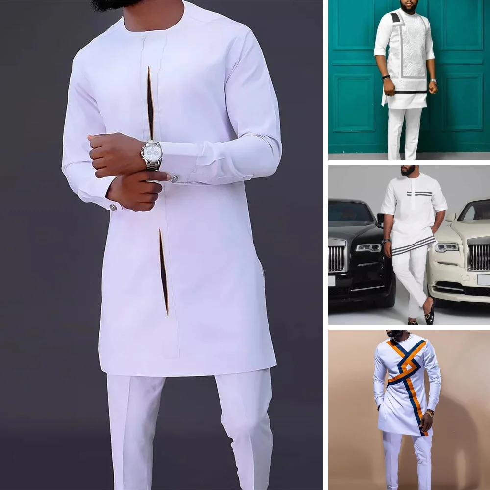 

Men Dashiki Long Slve Shirt White Trouser Set Mens 2 Pieces Outfit Suit Traditional Male Clothes T-shirt Pant Suits For Men