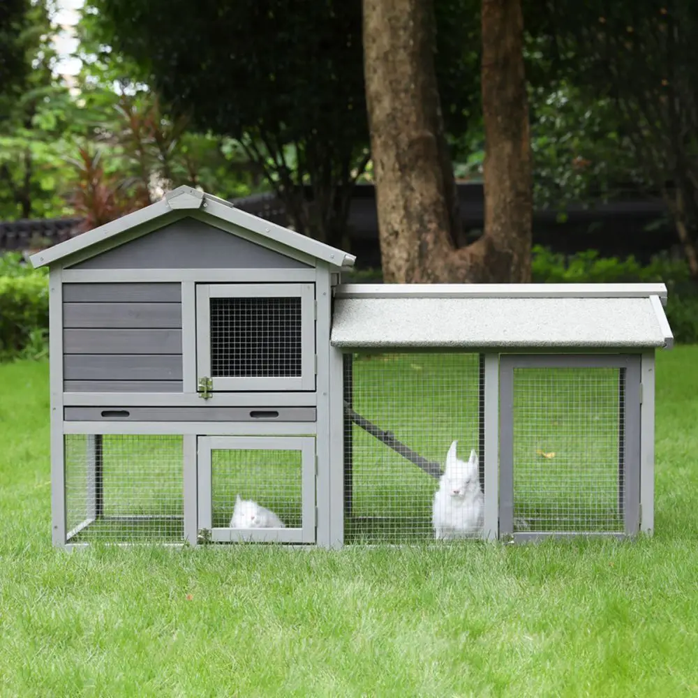 

Wooden Chicken Coop Large Outdoor Bunny Rabbit Hutch Hen Cage w/ Ventilation Door, Removable Tray & Ramp Backyard Pet House