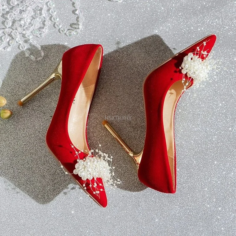 

Красные свадебные туфли, женские туфли на высоком каблуке, новинка 2022, стильные всесезонные женские туфли больших размеров, туфли на тонком ...