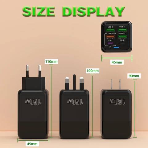 150 Вт, 6 портов Pd QC 4,0, USB C, быстрое зарядное устройство, настенный адаптер, сверхбыстрая зарядка для Iphone, Samsung, Ipad, Xiaomi, Huawei Oneplus Oppo