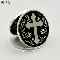jesus cross black coin silver plated commemorative badge in god we trust religious souvenirs coins collectibles home decor
