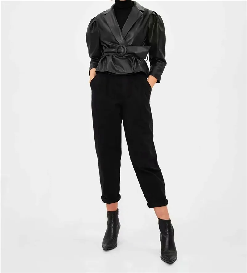 British Style Pu Leather Black Blazer Suit with Belt Women Commute Casual Short Blazers Autumn Winter Fashion Faux Leather Coats