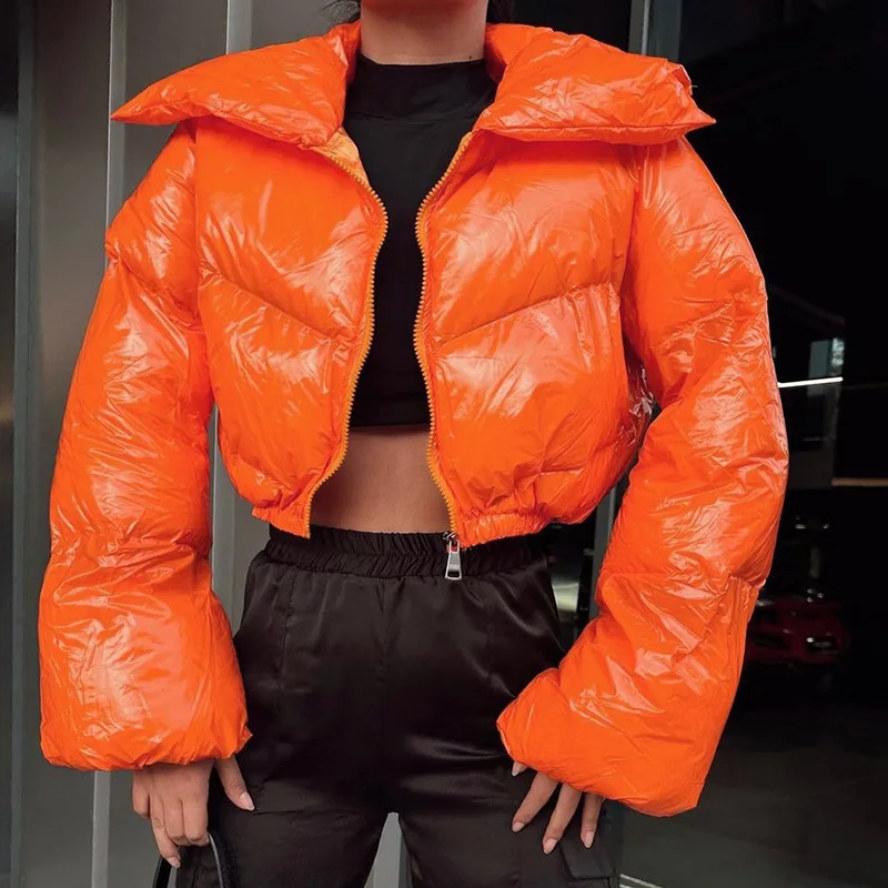 Модная женская блестящая короткая куртка-пуховик из искусственной кожи толстые