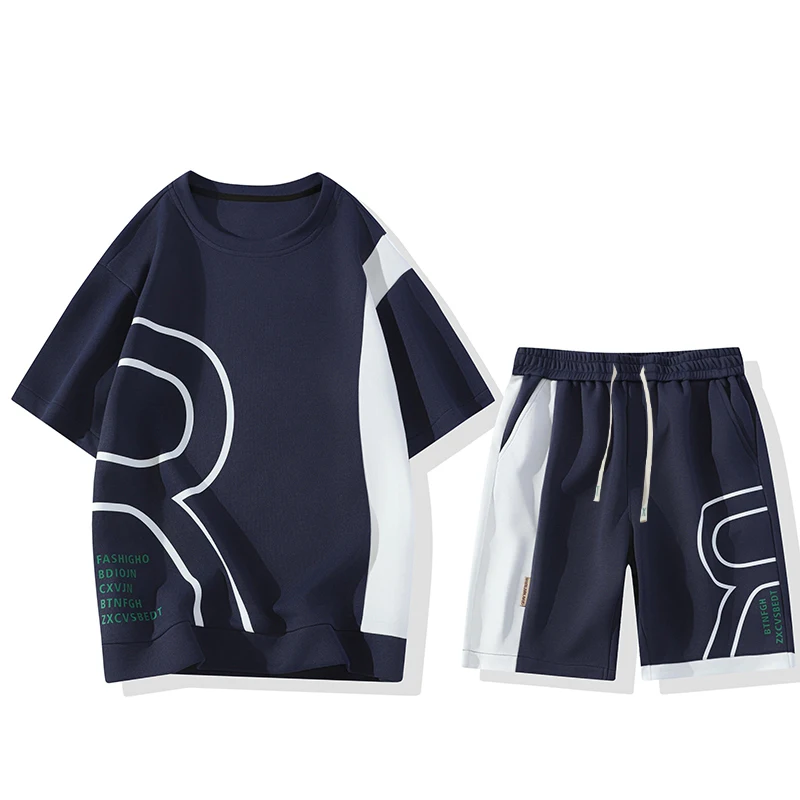 Pullover Men's round Neck Letter Print Short-Sleeved T-shirt Young Students Are Fashionable Fifth Pants Trendy Two-Piece Suit