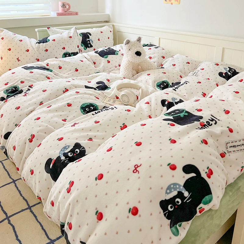 Fish Cat Thickened Milk Velvet Bed Sheet Four-Piece Set Winter Warm Coral Quilt Cover Fleece-lined Three-Piece