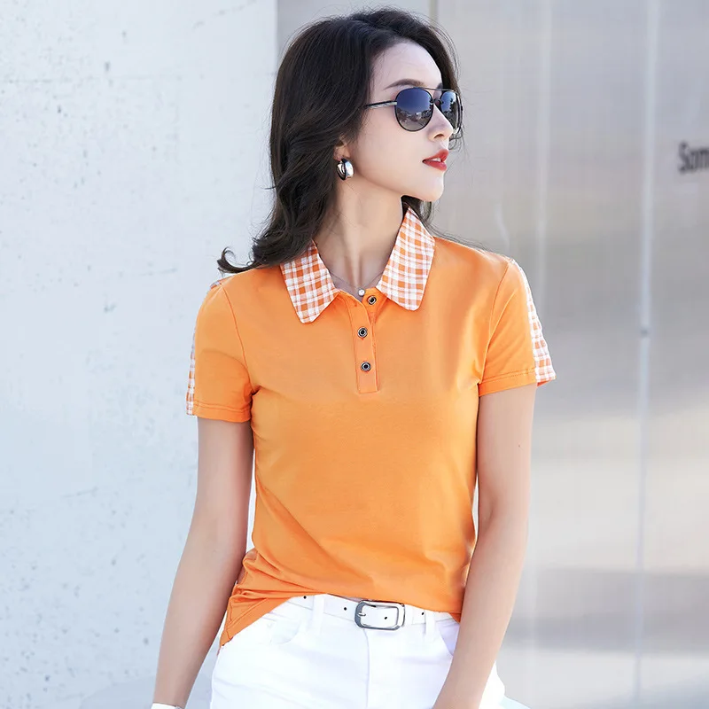 #0293 черная оранжевая фиолетовая футболка с коротким рукавом Женская клетчатая