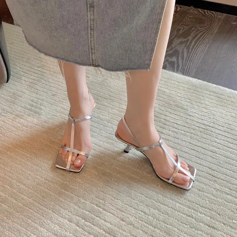 

Narrow Band Party Dress Thin High Heels Pump Square Peep Toe Ankle Strap Women Summer Fashion Gladiato HOT Ins New Sandal Shoes