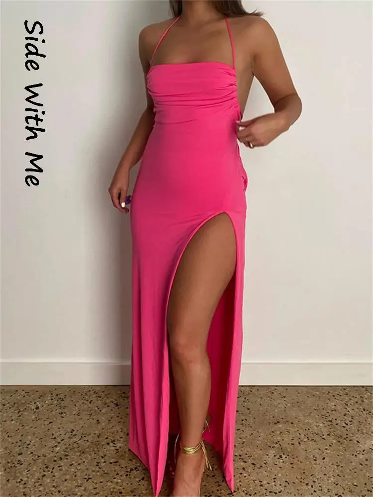 

Side with Me Sexy Bodycon Maxi Dresses for Woman 2022 Summer Party Y2K Split Halter Bandage Backless Women's Dresses