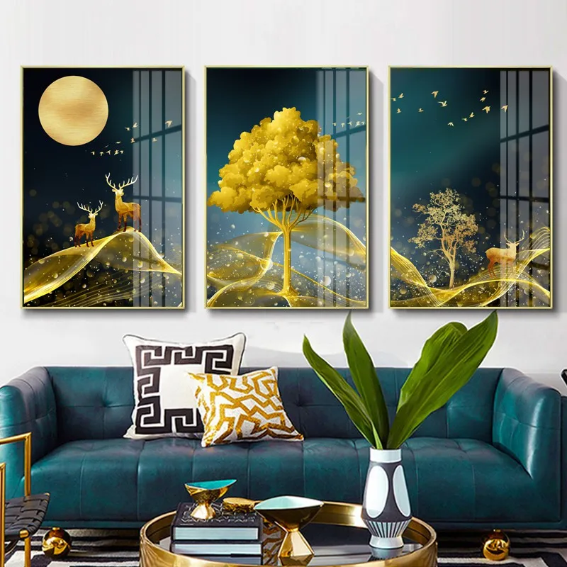 

Abstract Golden Tree Elk Canvas Picture Wall Art Nordic Poster Modern Canvas Print Painting for Living Room Unique Decoration