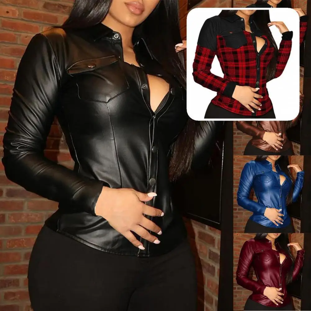 

Весенняя Повседневная простая Однотонная рубашка, блузка из искусственной кожи, подходит Вечерние