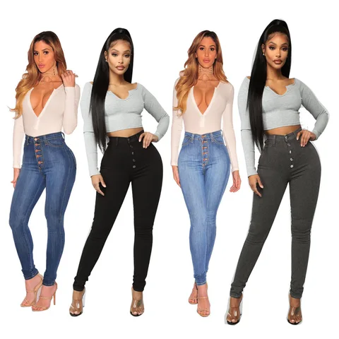 2022 European and American high waist hip slim fit button new jeans elastic tight  pants jeans clothes  sexy jeans for women