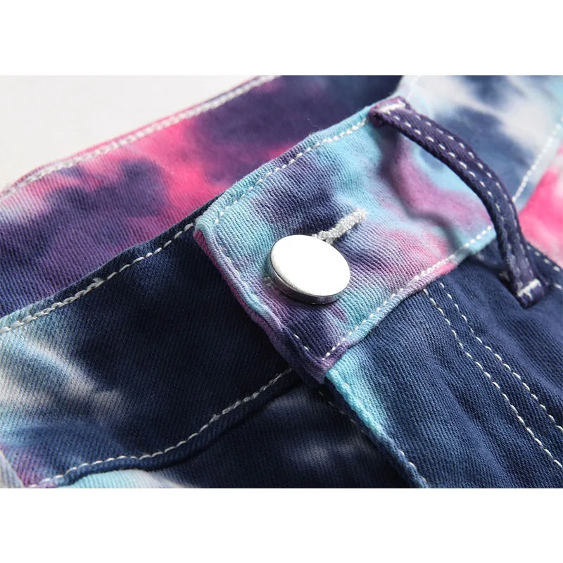 Men's High Quality Colour Tie-dyed Jeans Men Slim-fit No Ripped Wash Denim Pants Street Fashion Casual Straight Trousers